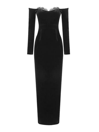 vmtvr  -  Women Celebrity Winter New Sexy Long Sleeve Off Shoulder Lace Black Velvet Bodycon Gowns Dress Elegant Evening Party Club Dress