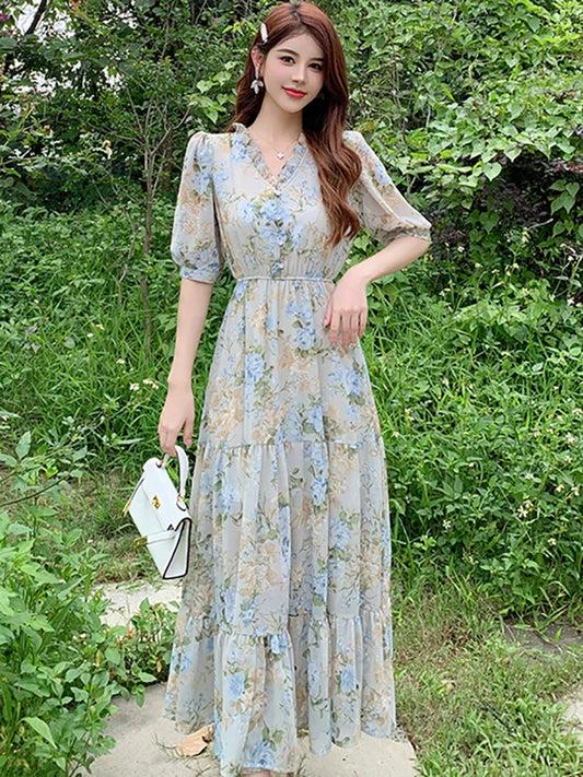 vmtvr 2024 Boho Floral Chiffon Chic Ruffled V-Neck Long Dress Summer Elegant Casual Fancy Women's Dress Bow Bandage One Piece Dresses