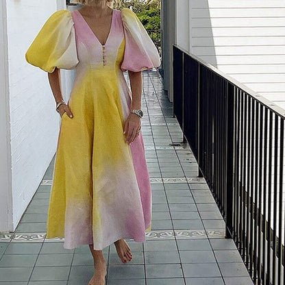 Sexy Deep V Neck Puff Sleeve Summer Bohemia Long Dress Elegant Tie Dye Gradient Color Women Evening Dresses Lady French Vestidos