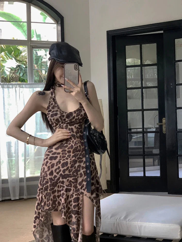 vmtvr  -  New Summer Fashion Korean Classic Leopard Print Chicly Halter Female Camole Dresses Sexy Casual Simple Slim Waist Women Dresses