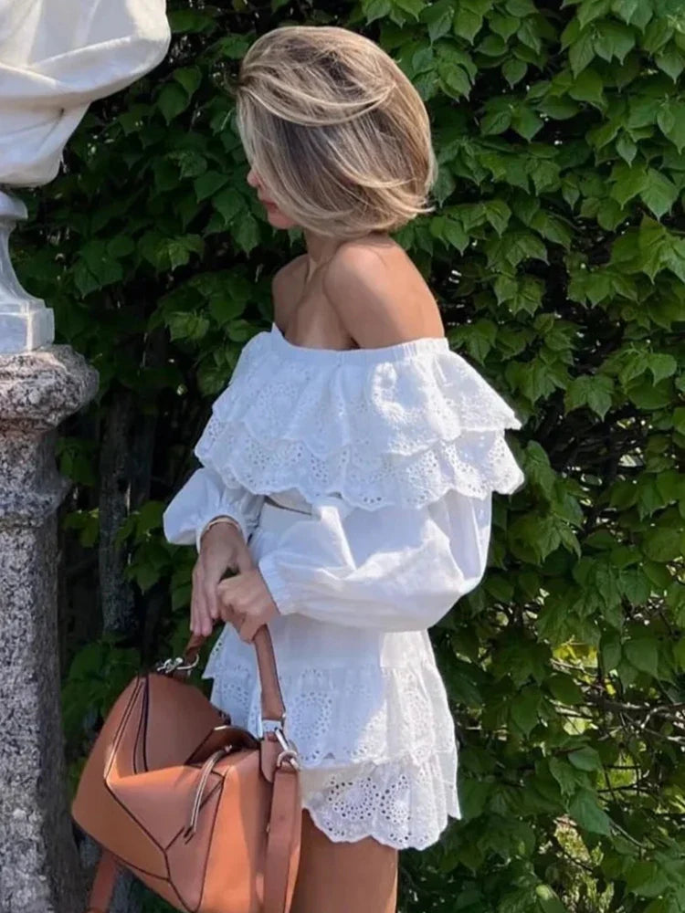 vmtvr  -   Summer Off Shoulder White Lace Skirt Set Dress Women Outfits Ruffles Tiered Mini Flower Embriodery Two Pieces Beach Suit