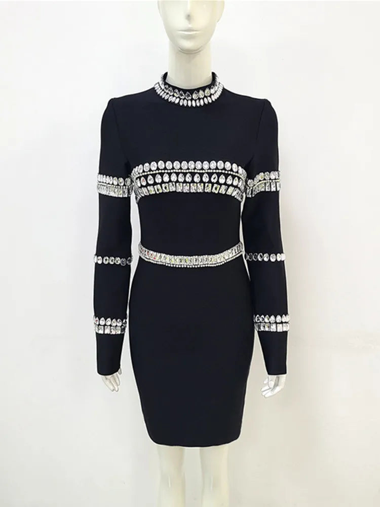 vmtvr - Brand New Women Winter Sexy Turtleneck Beading Long Sleeve Black Mini Bandage Dress  Elegant Evening Club Party Dress