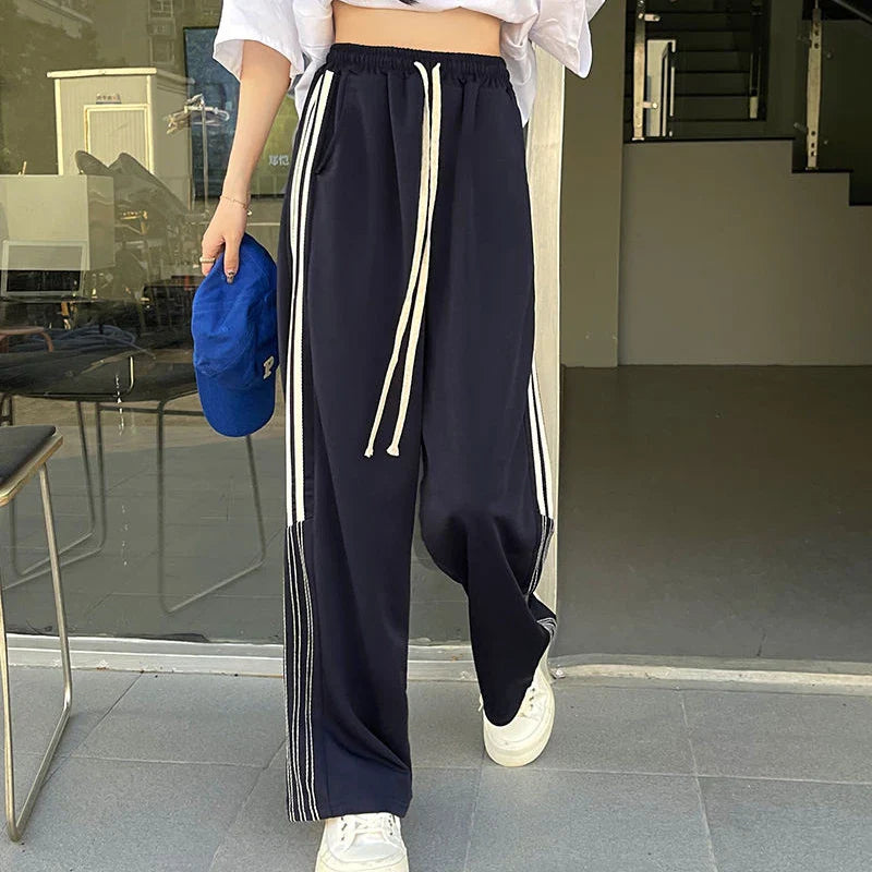 vmtvr Vintage Women High Waist Sweatpants American Style Fashion Striped Loose Wide Leg Pants Summer Female Streetwear Y2K Trousers