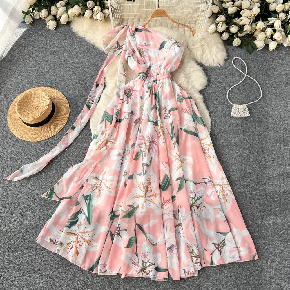 vmtvr Summer Oblique Chiffon Bohemian Maxi Dress Women's Bow Off One Shoulder Floral Print High Waist Holiday Beach Long Dress