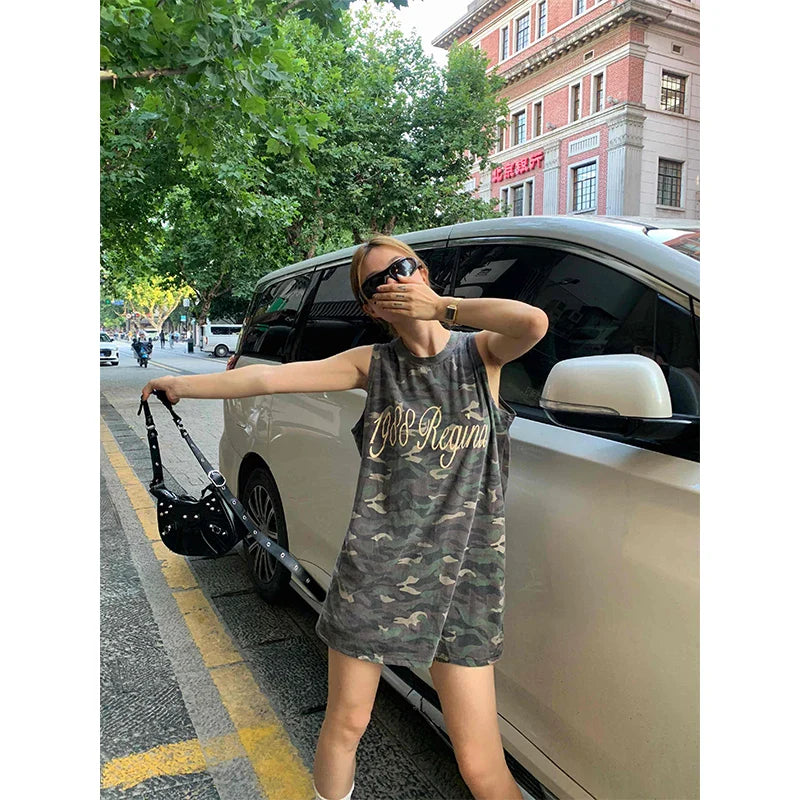 vmtvr  -  Camouflage print dress retro short-sleeved loose fashion sundress