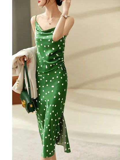 vmtvr - Summer Green Polka Dot Sexy Sundress for Women 2024 Elegant Dresses Shirring Lace-Up Sleeveless Midi Beach Dress