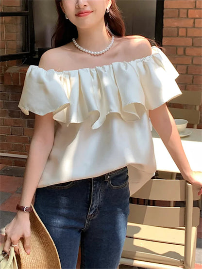 vmtvr Apricot Blouses Women Slash Neck Elegant Chic Lady Office Wear Off Shoulders Sexy Summer Short Sleeve Slim New