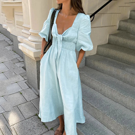 vmtvr Vintage Cotton Linen High Waist A Line Dresses Elegant Chic Pleated Sexy V-neck Short Sleeve Dress Women Blue Summer Dress