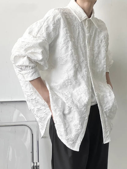 -Fall Outfits Long Sleeve Top -Oversized Shirt Women White Jacquard Long Sleeve Top Spring Chic Single Breasted Blouse Female Casual Loose Solid Color Camisas