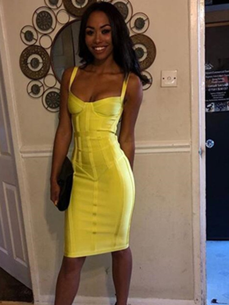 Sexy Sleeveless V Neck Yellow Midi Women Bodycon Bandage Dress  Designer Fashion Evening Party Dress Vestido