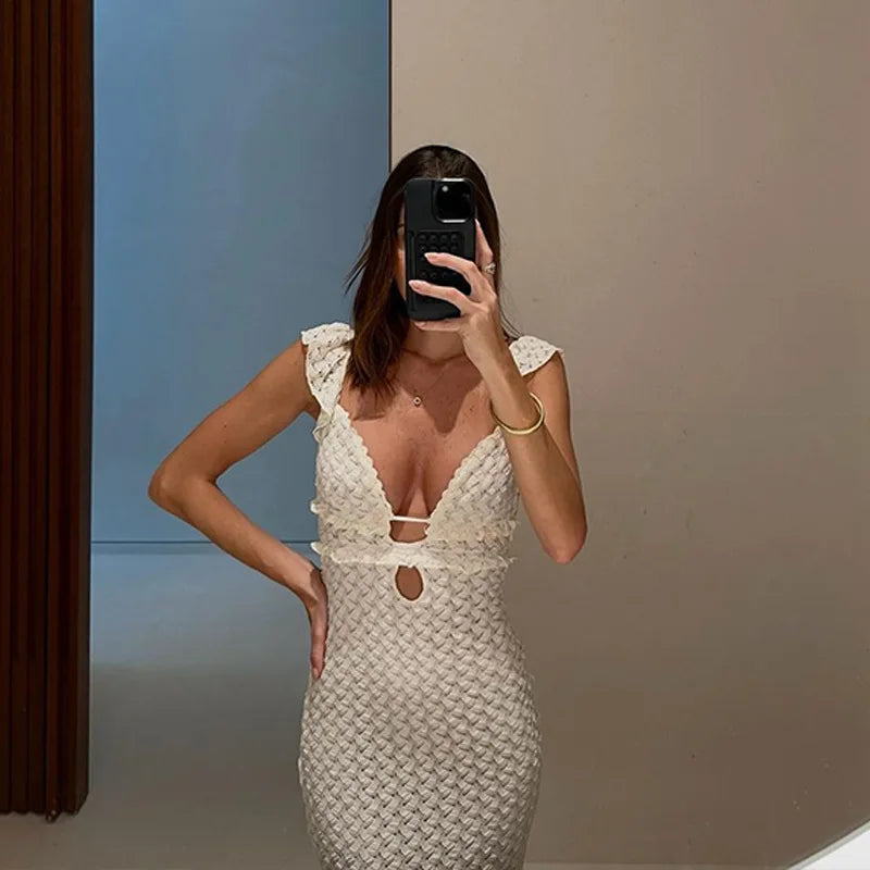 vmtvr  -  Apricot Hollow Out Maxi Dress Women Sexy See Through Backless Slim Beach Dress Summer Fashion Ruffle Holiday Party Dress