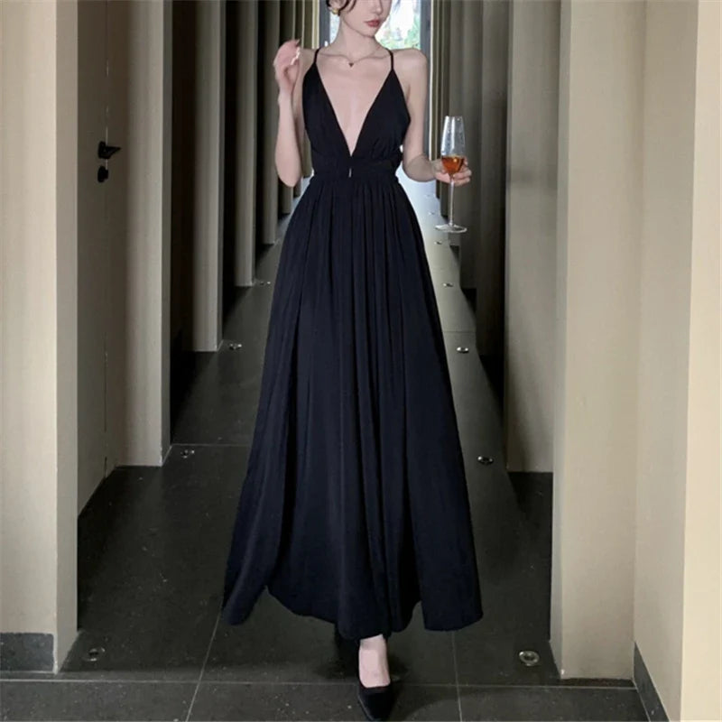 vmtvr Elegant Black Long Bodycon Dress for Women Slim Sleeveless Fashion Backless Solid Party Evening Prom Dresses New Summer