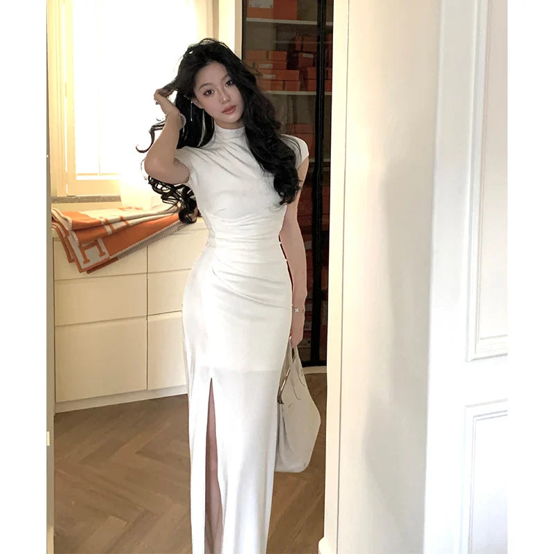 vmtvr Vintage Sexy Slim Birthday Bodycon White Long Dress for Women New Short Sleeve Party Club Prom Elegant Black Dresses Summer