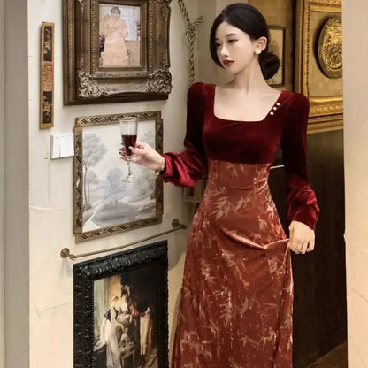 vmtvr Winter Vintage Velvet Long Dress Women Patchwork Elegant Slim Long Sleeve Fairy Dress Female Casual Office Lady Party Dress