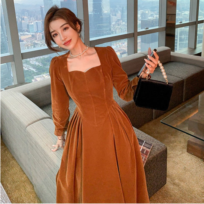 vmtvr - France Vintage Dress Women Autumn Winter Solid Retro Elegant Evening Party Midi Dress Long Slevee Korean Style Dress Fairy