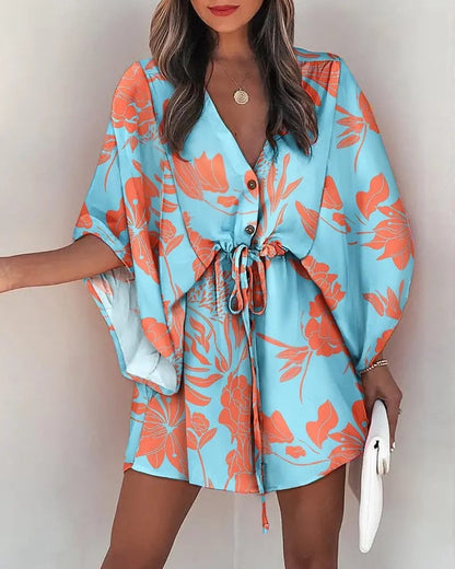 vmtvr 2023 Summer Boho Dresses Women Casual Flora Print Batwing Sleeve Lace-Up Dress Sexy V Neck Loose Ladies Beach Mini Dress Vestido