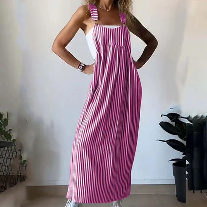 vmtvr Vintage Striped Print Sleeveelss Suspender Dress Summer Casual Pocket Loose Party Dress 2024 Women Sexy U-neck Pleat Long Dress