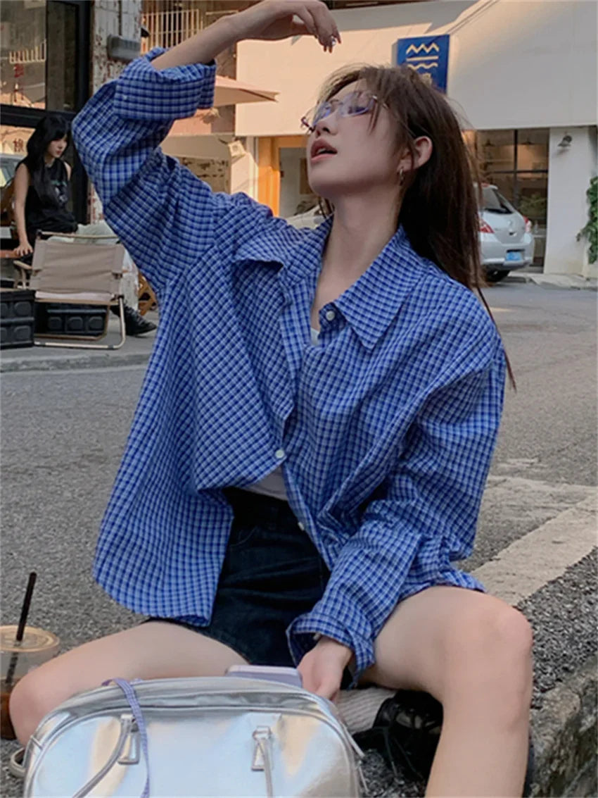 vmtvr 2024 Blue Shirts Plaid Chic Women Fashion Slim New Autumn Loose Full Sleeve Casual All Match High Street Work Wear
