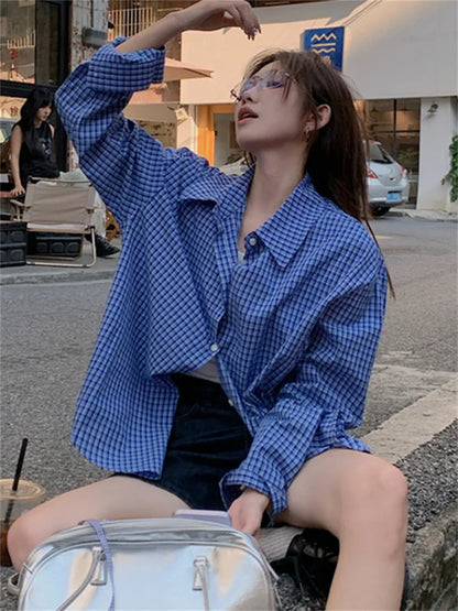 vmtvr 2024 Blue Shirts Plaid Chic Women Fashion Slim New Autumn Loose Full Sleeve Casual All Match High Street Work Wear