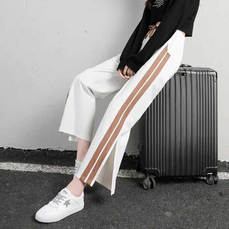 vmtvr Women Fashion Striped Pants Korean Casual Streetwear Loose Ankle Length Pants Summer All Match Female Slits Sweatpants