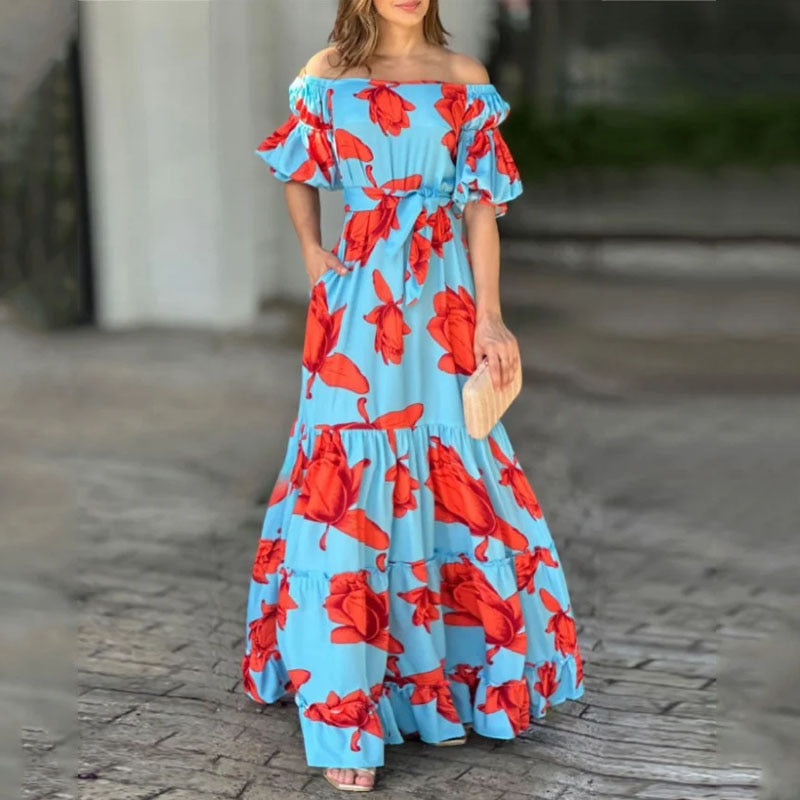 Women Maxi Dress Summer Fashion Print Short Puff Sleeve One Shoulder Lace Up Slim Nipped Waist Holiday Long Dresses