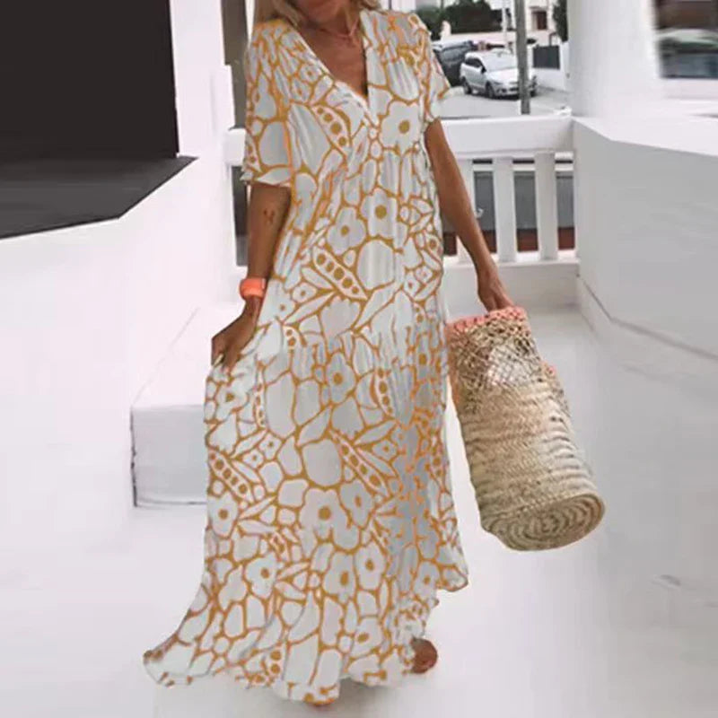 vmtvr Bohemian Pattern Print Loose Long Dress Women Spring V Neck A-Line Office Maxi Dress Summer Short Sleeve Casual Beach Dress