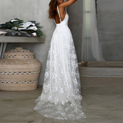 vmtvr Sexy Deep V-neck Embroidery Lace Party Dress Women Spring Backless Hollow Boho Long Dress Summer Sleeveless High Slit Maxi Dress