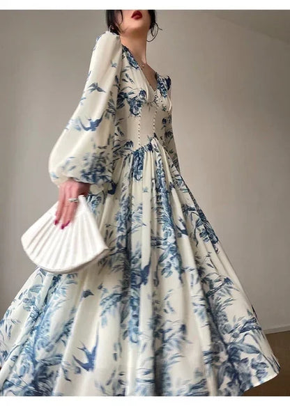 vmtvr  -  French Summer Midi Fashion Floral Beading High Waist A Line Party Dresses Women Vintage Elegant Lantern Sleeve Chic Casual Dress