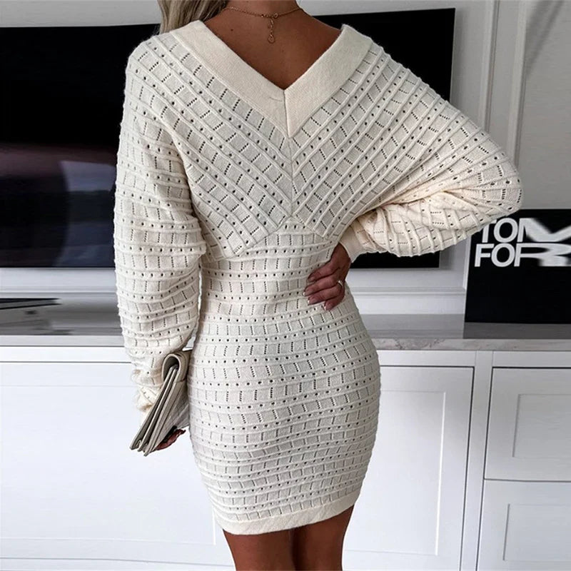 vmtvr Sexy Double V-neck Backless Knitted Dress Women Autumn Batwing Sleeve Slim Bodycon Dress Winter Solid Hollow Warm Pullover Dress