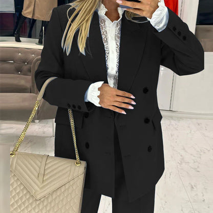 vmtvr Fall Winter Solid Women Blazer Suits Elegant Double Breasted Lapel Top & Long Pants Outfits Fashion Long Sleeve Office Lady Sets