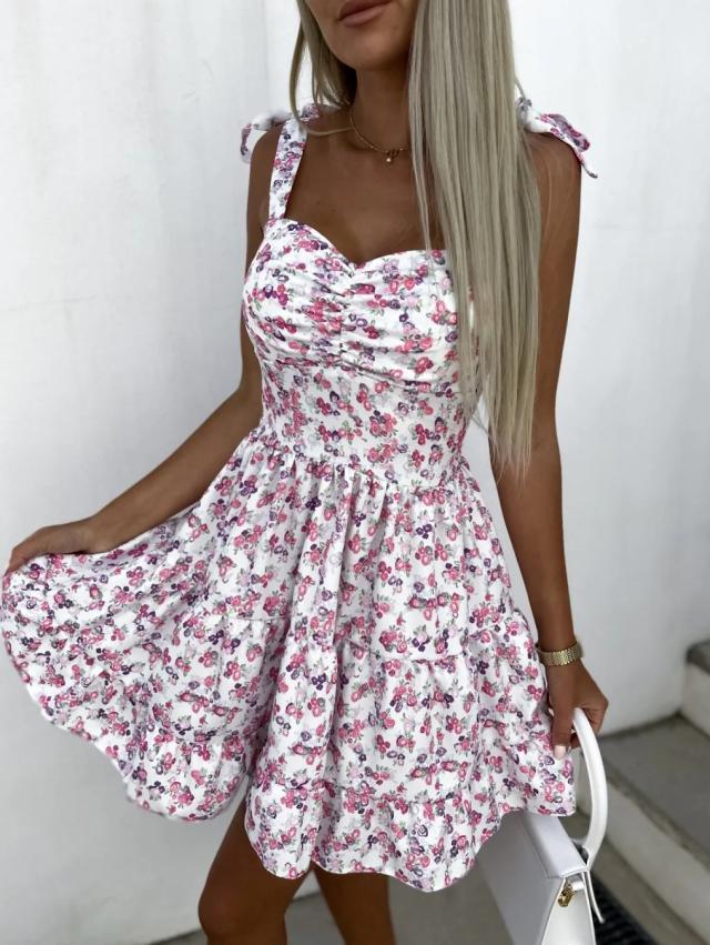 vmtvr - 2023 Summer Fashion Short Boho Dress Women Mini Floral Print Dress Female Sleeveless Hanging Belt Printed Waist Folded Dress