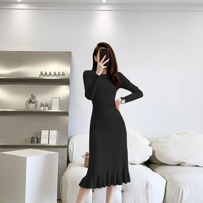 vmtvr Thick O-Neck Long Sweater Dress for Women Elegant Casual A-line Slim One-Piece Sexy Long Sleeve Knitted Dress Autumn Winter