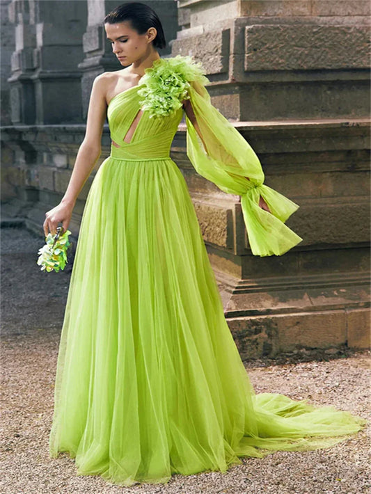 vmtvr  - Green pleated one shoulder long sleeved 3D flower beach mop cocktail party birthday party concert evening dress