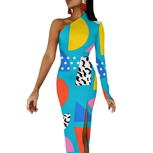 Memphis Retro Maxi Dress Long Sleeve Geometric Colorful Cute Bodycon Dress High Slit Streetwear Long Dresses Print Vestido