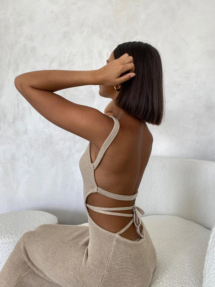 vmtvr Elegant Fashion Straps Sexy Backless Knit Maxi Dress for Women Summer Beach Holiday Cut Out Shift Dresses Clothes