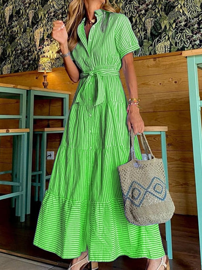 Women Elegant Striped Short Sleeve Maxi Dress New Fashion Lace-Up Belt Party Dress Sexy Loose Hem Shirt Long Dress Vestidos