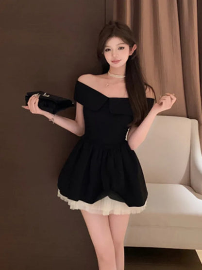 vmtvr  -  French Hepburn Elegant Lady Mini Evening Party Dress Mesh Stitching A Line Summer Dresses For Women Off Shoulder Slim Sexy Dress