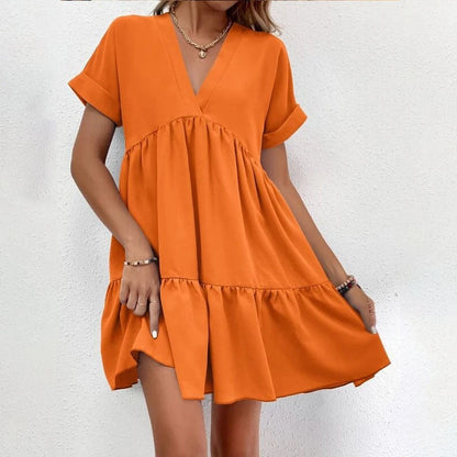 vmtvr - Casual Women Short Sleeve Mini Dress 2023 Spring Summer V-neck Loose Dresses Cute Solid Big Hem Beach Dress Robe De Plage