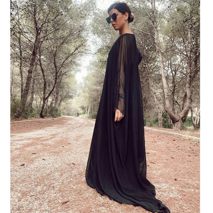 vmtvr - Female Elegant Party Black Simple Two Pieces Inner Slip Dress+See Through Outer Cape Maxi Dresses For Women  New