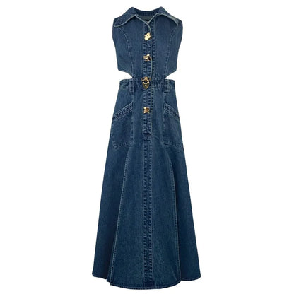 vmtvr Retro Denim Dress Women's Summer New Shirt Collar Hollow Split Waist Long Skirt Sleeveless One-piece Sexy Denim Dresses