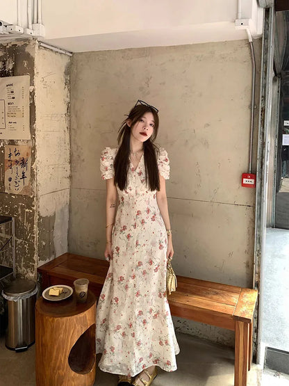 vmtvr Fashion Sweet Print V-neck Long Dress Women High Waist Vintage Dresses 2024 New Summer Korean Elegant Short Puff Sleeve Dress