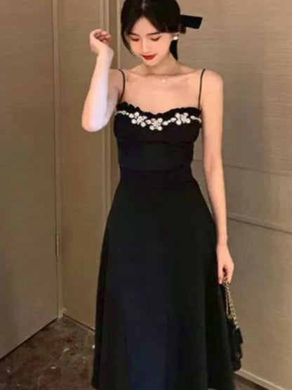 vmtvr - Black Backless Strap Dress Women Sexy Party Elegant Retro Midi Dresses Slim Designer Chic Holiday Casual Hepburn Dress 2023 New