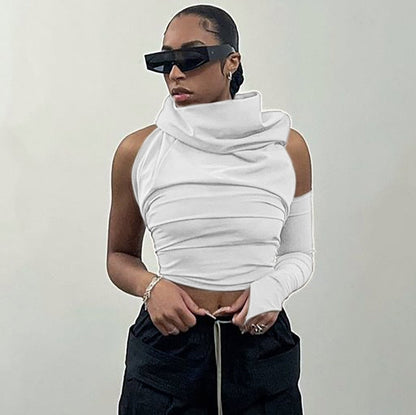 -Fall Outfits  Asymmetrical Crop Top One Sleeve Hooded Backless Fitted T Shirts Streetwear Women Clothing