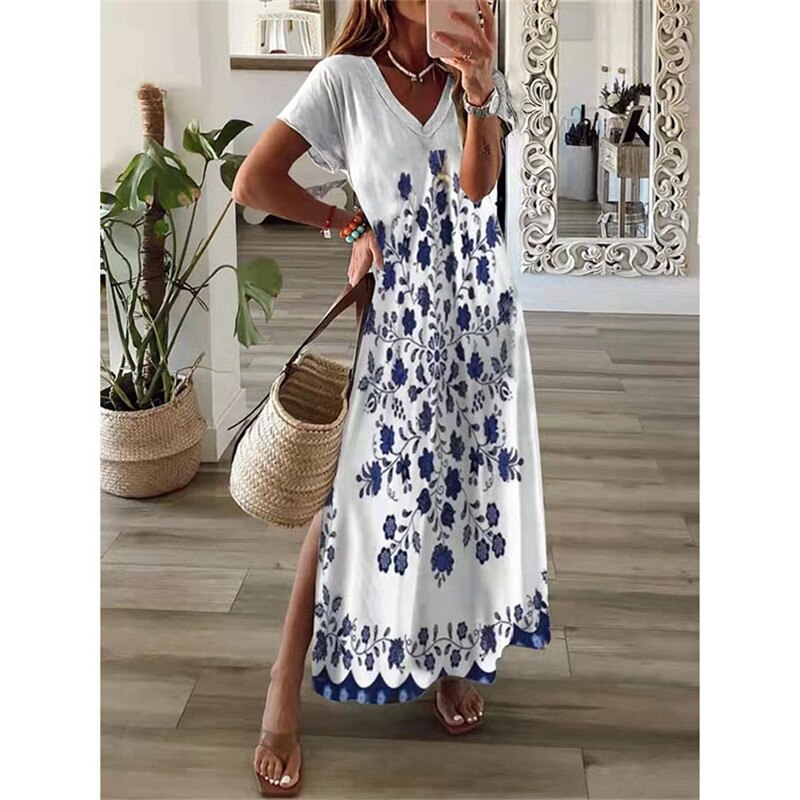 vmtvr Vintage Print Maxi Dress Women  Summer Elegant V Neck Short Sleeve Loose Split Casual Dress Female Party Boho Beach Vestidos