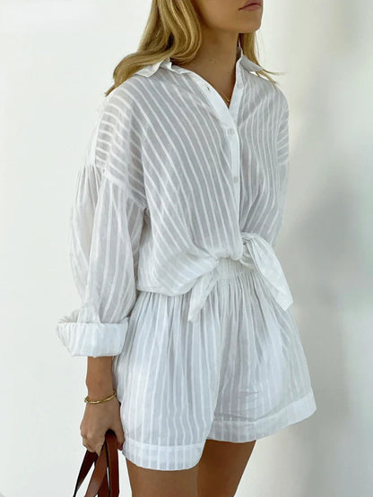 vmtvr Casual Shorts Sets Striped Jacquard 2 Pieces Cozy Lapel Lantern Sleeve Shirt Summer Outfit Elastic Waist Shorts Suits