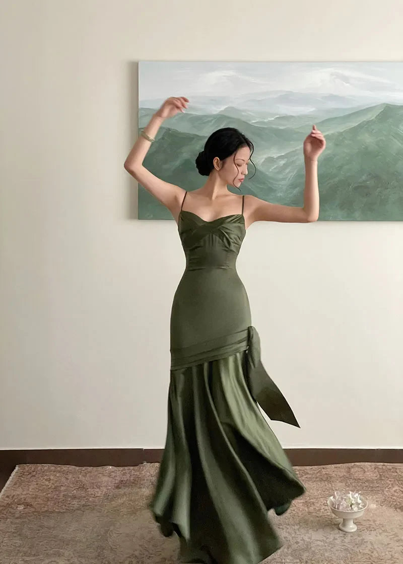 Elegant Emerald Green Irregular Patchwork Evening Party Dress High Waist Spaghetti Strap Pleated Hem Prom Gown For Women