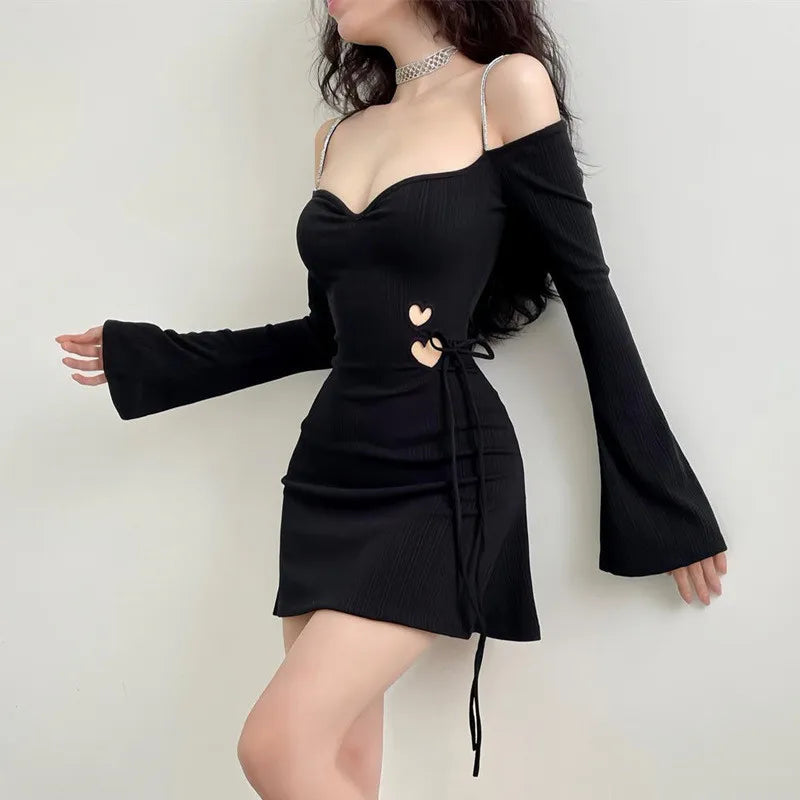 vmtvr Black Sexy Women's Dress Autumn Long Sleeves Streetwear Off Shoulder Hollow Out Casual Dress Club Party Elegant A-LINE Dresses