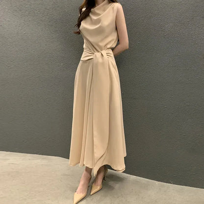 vmtvr Elegant Women Bandage Dress Fashion Korean Female Waist Midi Dress Casual Button A Line Sleeveless Dresses Summer New