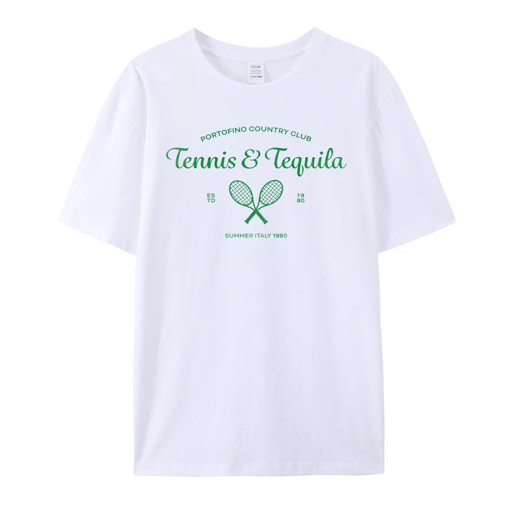 -Retro sports style outfit streetwear 90s fashion Vintage Tennis & Tequila Printing Summer Graphic Tees Women White Loose Cotton Short Sleeve Casual Tops Ins Fashion Chic Shirts