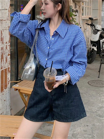 vmtvr 2024 Blue Shirts Plaid Chic Women Fashion Slim New Autumn Loose Full Sleeve Casual All Match High Street Work Wear
